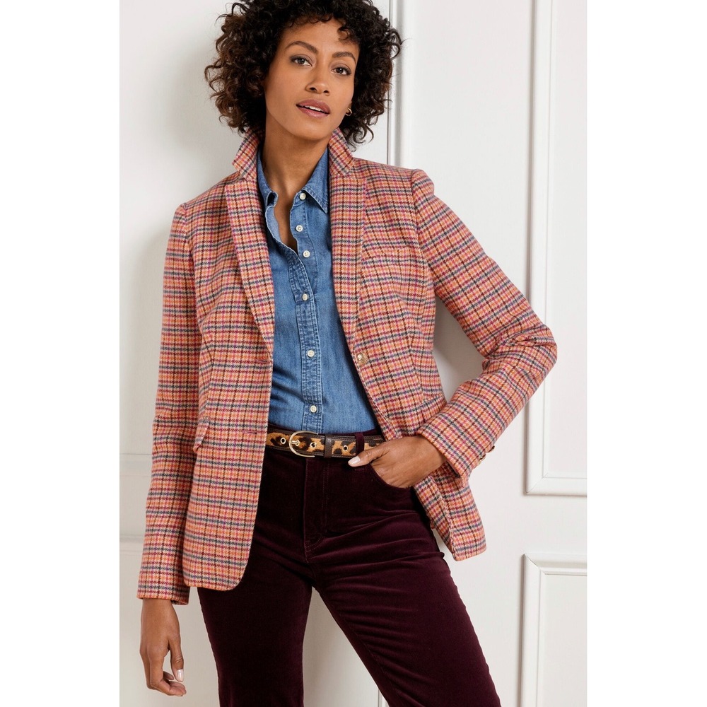 Talbots Classic Shetland Plaid Wool Blend Blazer Women 8 Gold Button Tweed Coat